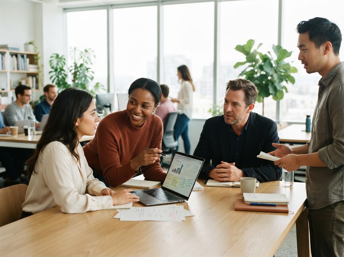 Technology professionals collaborating around a shared workspace